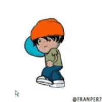 a cartoon character is holding a large blue balloon in his hand .