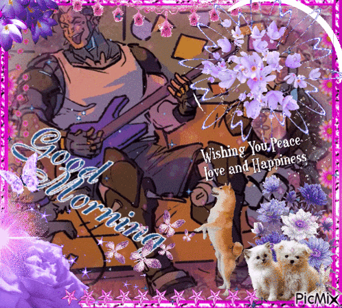 a picture of a man holding a sword with purple flowers and the words good morning wishing you peace love and happiness