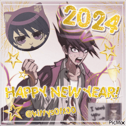 a happy new year greeting card with a man in a cat hat