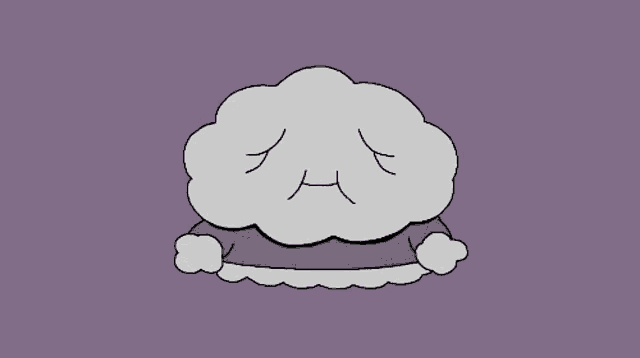 a cartoon drawing of a cloud with a sad face on a purple background