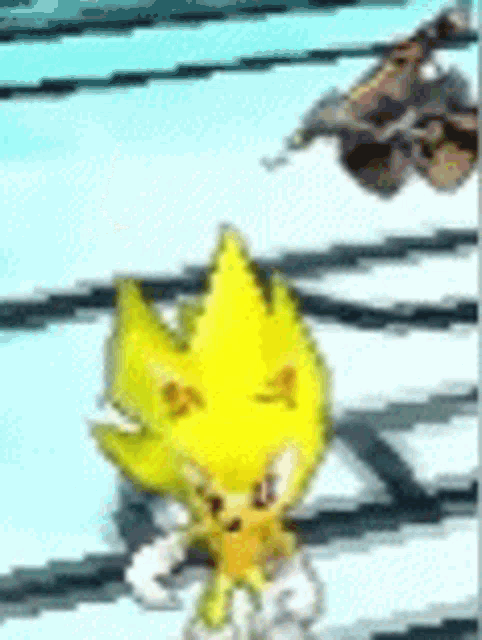 a close up of a yellow cartoon character in a video game on a blue background .