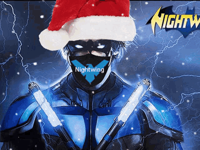 nightwing is wearing a santa hat and holding a sword