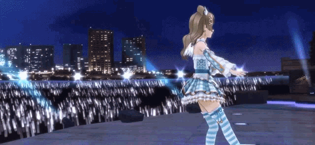 a girl in a blue and white dress stands in front of a crowd of people