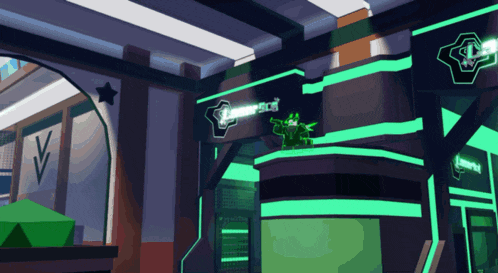 a cartoon drawing of a building with green lights and a sign that says ' power pack '