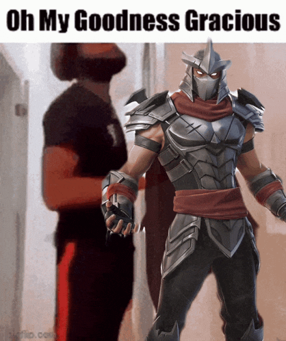 a video game character is standing in front of a man with the words oh my goodness gracious above him