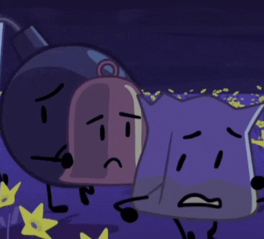 a cartoon character with a sad face is standing next to another cartoon character