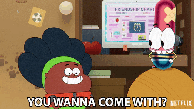 a cartoon character says " you wanna come with "