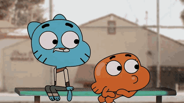 gumball and darwin from the amazing world of gumball sit on a green bench