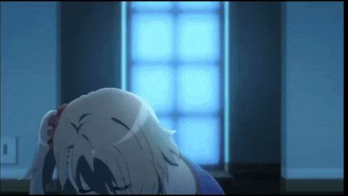 a girl with a flower in her hair is looking out of a window