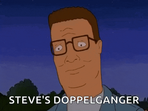 a cartoon of a man wearing glasses with the words `` steve 's doppelganger '' written above him .