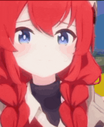 a close up of a red haired anime girl with blue eyes and braids .