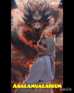 a woman in a hijab stands in front of a dragon and the words assalamualaikum