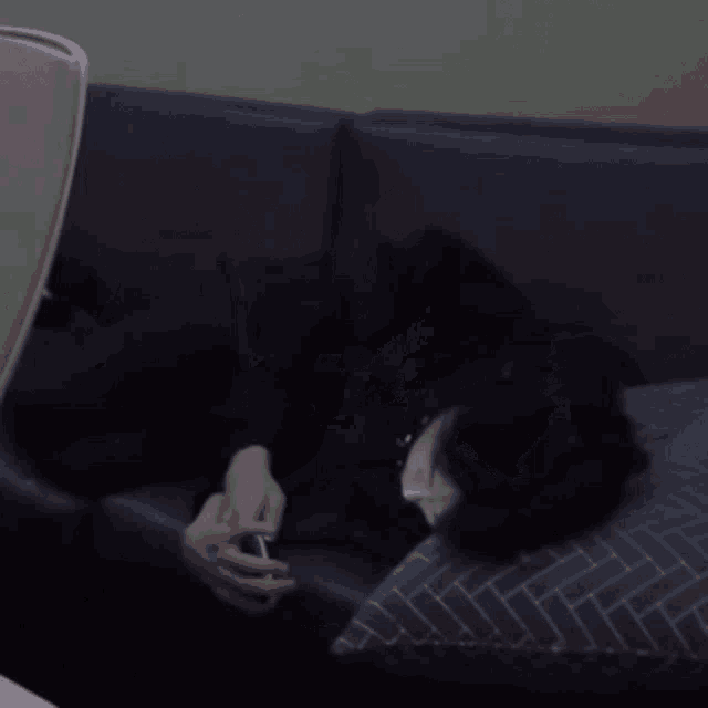 a person laying on a couch using their phone