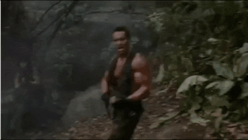 arnold schwarzenegger is holding a gun in the woods and saying " small purple pp !!! "