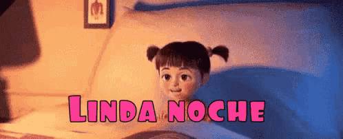 a cartoon girl is sitting in a bathtub and the words linda noche are above her .
