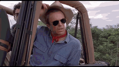 a man wearing sunglasses and a cowboy hat is sitting in a car
