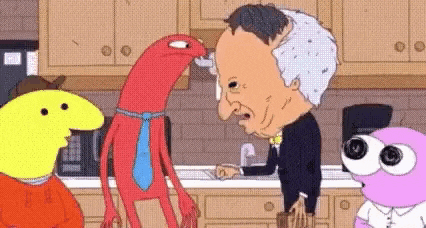 a cartoon of a man standing in a kitchen next to a sink talking to a red monster .