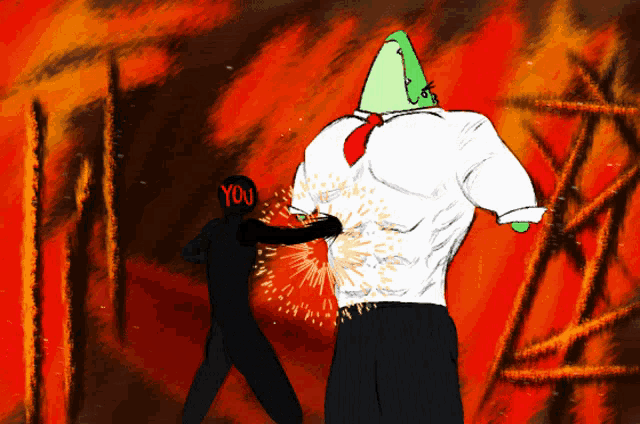 a cartoon drawing of a man with the word you on his back