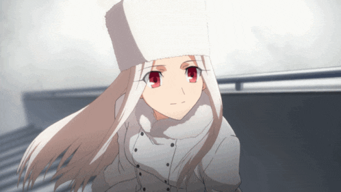a girl with long white hair wearing a white hat