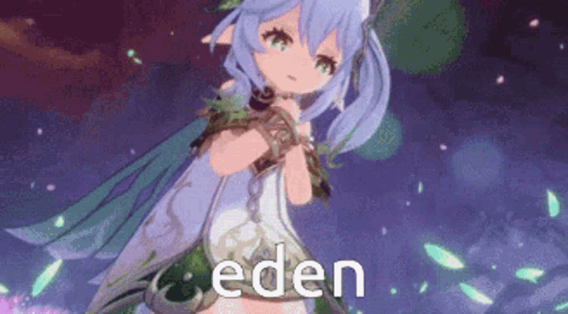 a cartoon girl with blue hair and a white dress is standing in front of a purple background with the word eden written on it .
