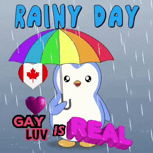 a penguin holding a rainbow colored umbrella with the words " rainy day gay luv is real " below it