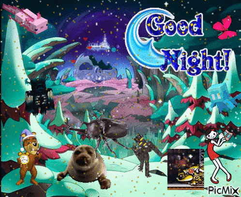 a cartoon scene with the words good night written in blue