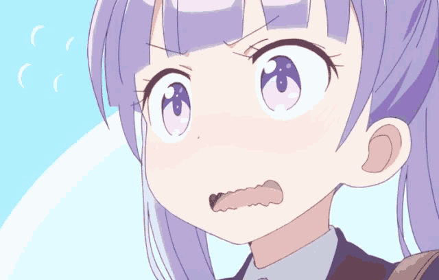 a close up of a girl with purple hair making a funny face