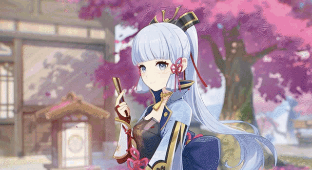 a girl with long blue hair is holding a sword
