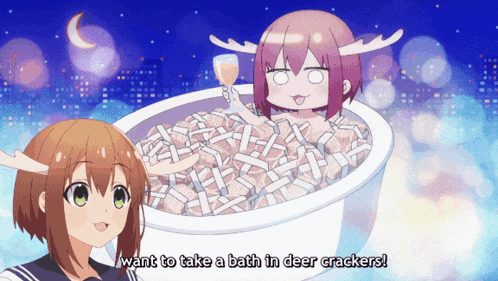 a girl with antlers is taking a bath in a tub of deer crackers