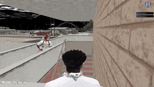 a screenshot of a video game shows a man walking down a set of stairs with a highway 85 sign in the background