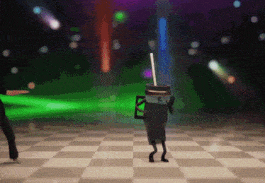 a cartoon character with a straw on its head is dancing on a checkered dance floor