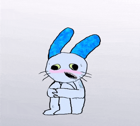 a drawing of a white rabbit with blue ears covering its mouth with its paws .