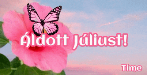 a pink flower with a butterfly and the words " aldott juliust " on the bottom