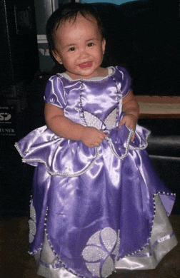 a little girl in a purple dress stands in front of a cs tuner