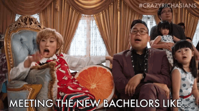 a group of people sitting on a couch with the caption meeting the new bachelors like ..