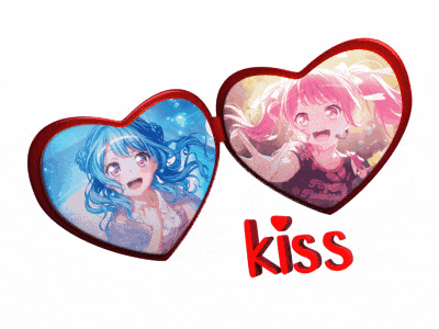 two hearts with anime girls on them and the word kiss