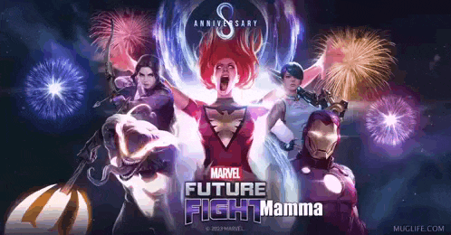 a poster for marvel future fight mamma with fireworks behind them