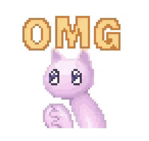 a pixel art illustration of a purple cat with the words `` omg '' written above it .