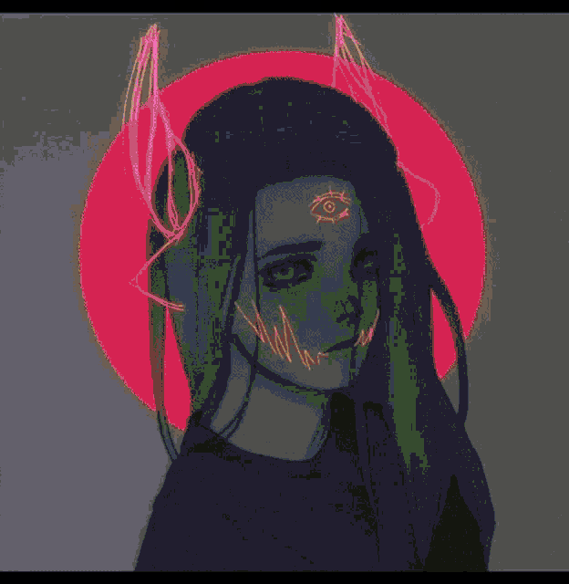 a drawing of a girl with horns and an eye on her face
