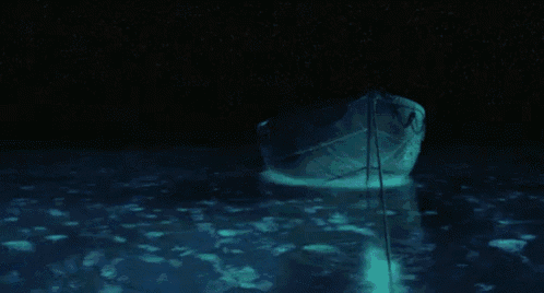 a boat is floating in the middle of the ocean at night .