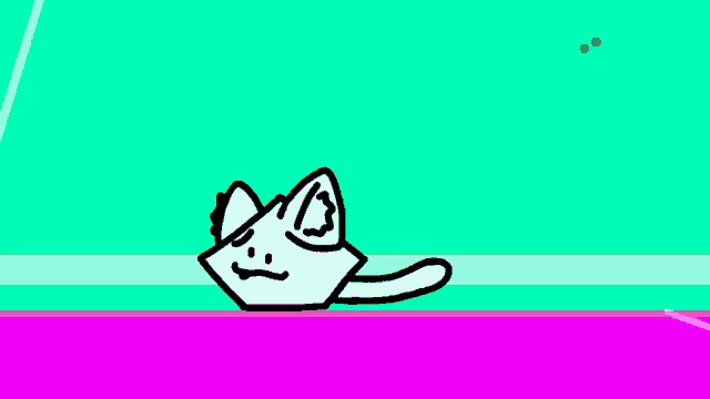 a drawing of a cat with a smiley face on a pink and green background