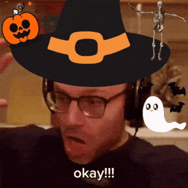 a man wearing a halloween hat says okay !!!