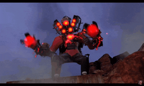 a video game character with red lights on their hands