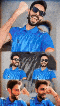 a man with a beard wearing sunglasses and a blue shirt is smiling