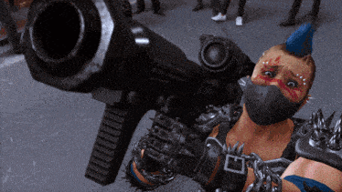 a woman with a blue mohawk holding a gun