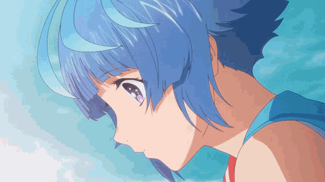 a girl with blue hair and pink eyes looks down