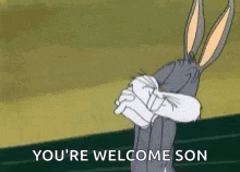 bugs bunny is making a funny face and saying `` you 're welcome son '' .