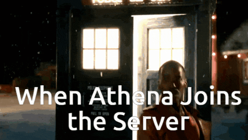 a man standing in front of a police box with the words " when athena joins the server " on the bottom