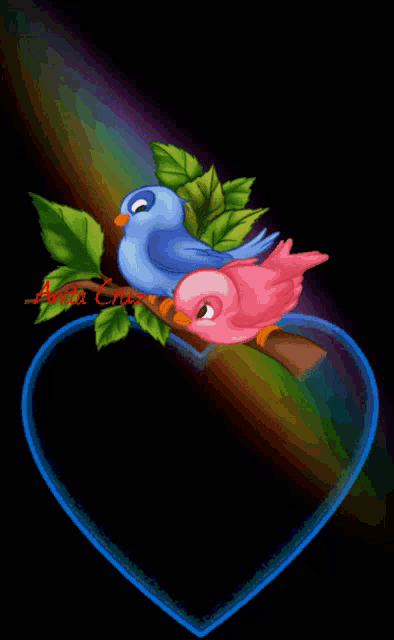 a couple of birds sitting on a branch in front of a heart that says a.c. on it
