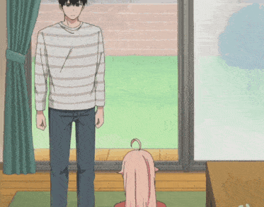 a man in a striped shirt stands next to a little girl with pink hair